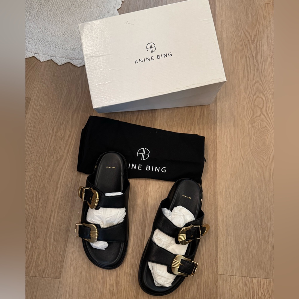 Anine Bing Black Waylon leather Sandals with Gold Buckles
